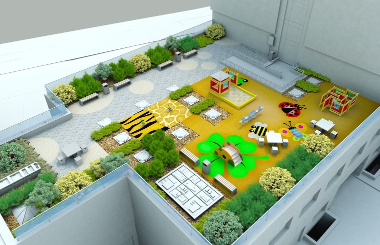 Projekt zieleni na dachu Garden Concept, z wykorzystaniem ławek i koszy Komserwis.