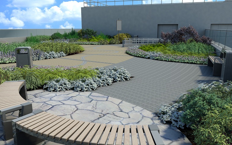 Projekt zieleni na dachu Garden Concept, z wykorzystaniem ławek Intal i koszy Vega Komserwis.